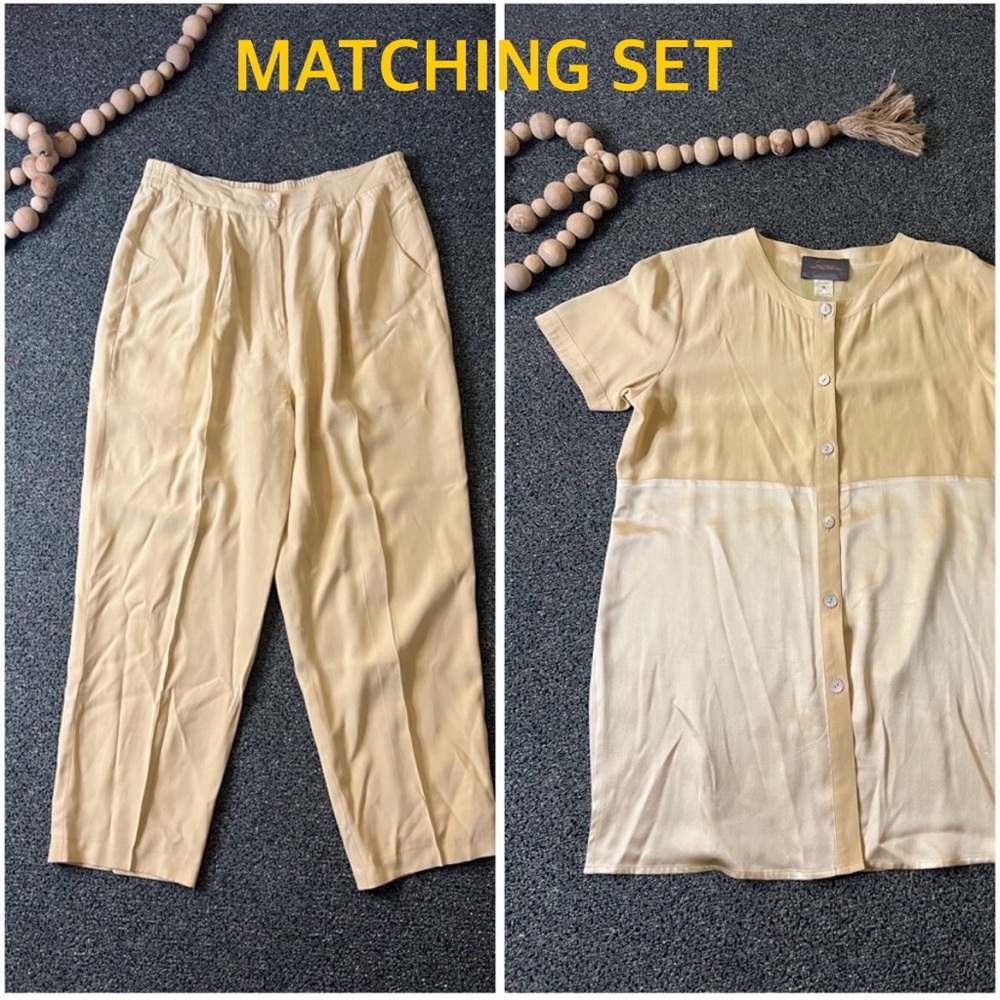 Cream High-Waist Trouser Shirt-Sleeve Tunic 100% Silk Vintage Coord Matching Set
